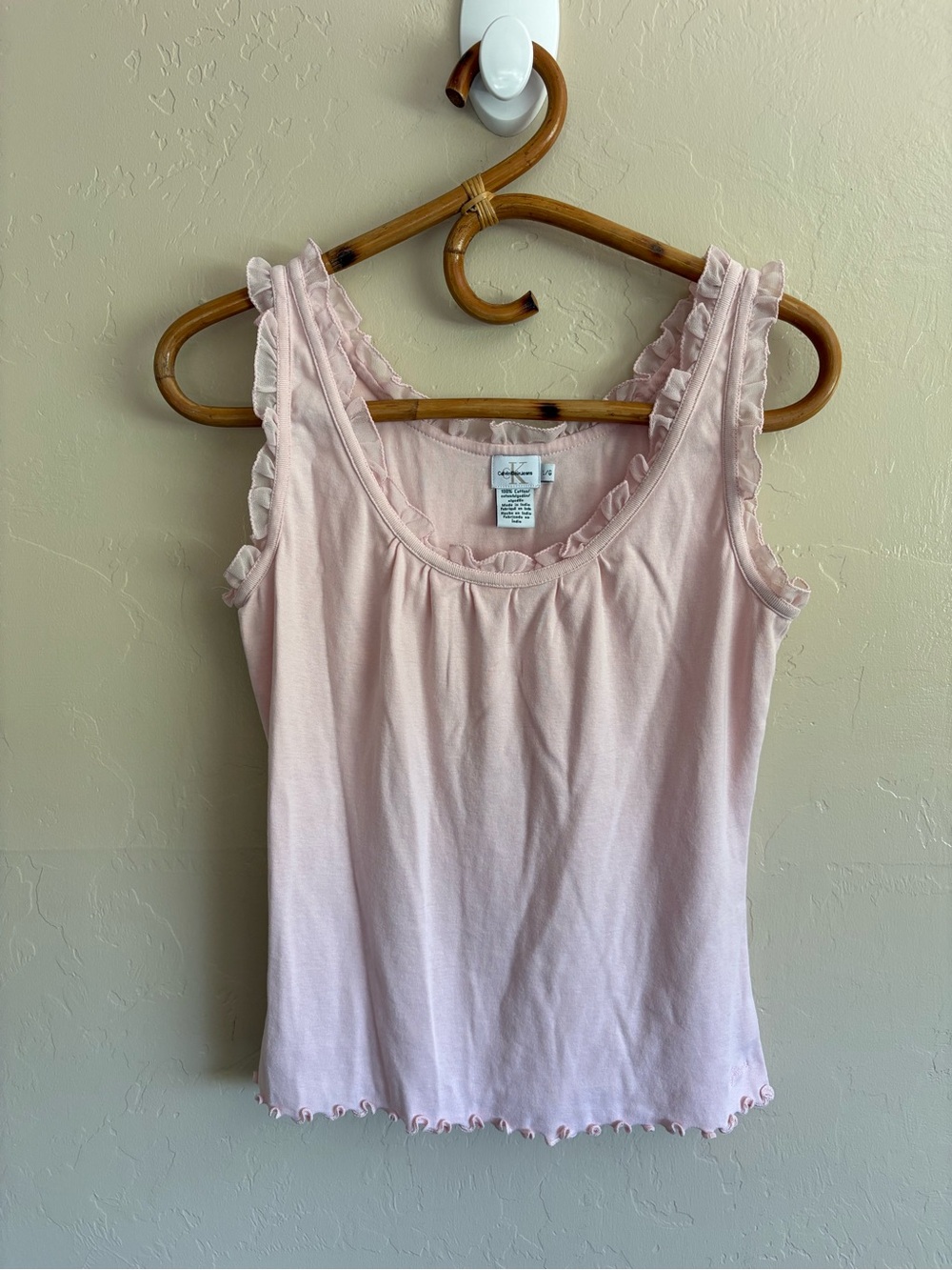2000s Calvin Klein Baby Light Pink Ruffle Trim Tank Top Y2K Vintage Size Large